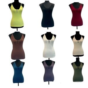 REVAMPED multicoloured bundle of stretchy crisscross V-neck ribbed tank tops M/L